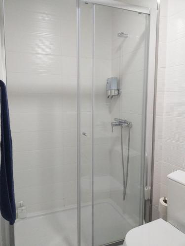 a shower with a glass door in a bathroom at H2O Porto Ribeira in Porto
