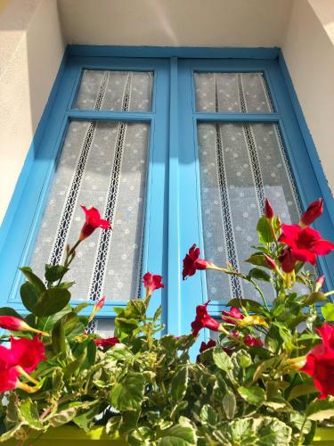 a blue window with red flowers in front of it at BnB Le Janas in Càbras