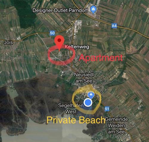 a map of the beach with a red marker at 25h GARDEN Apartment PLUS private Beach in Neusiedl am See