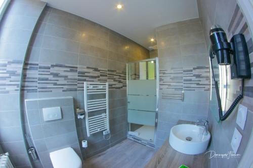 a bathroom with a sink and a shower and a toilet at hotel des 2 nations in Luchon