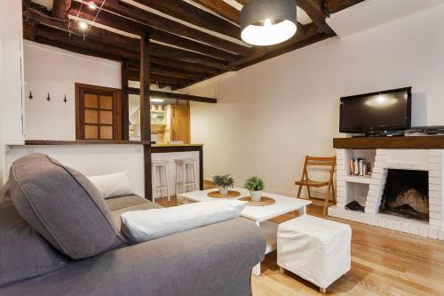 uma sala de estar com um sofá e uma lareira em Apartment Saint Jacques Notre Dame de Paris em Paris