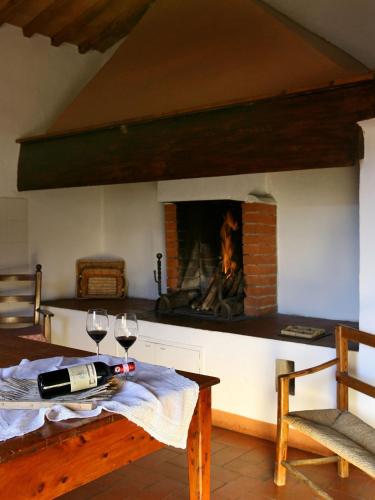 a room with a fireplace with two glasses of wine at Agriturismo Fattoria Santo Stefano in Greve in Chianti