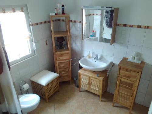 a bathroom with a sink and a toilet and a mirror at Ferienwohnung Menzel in Gedern