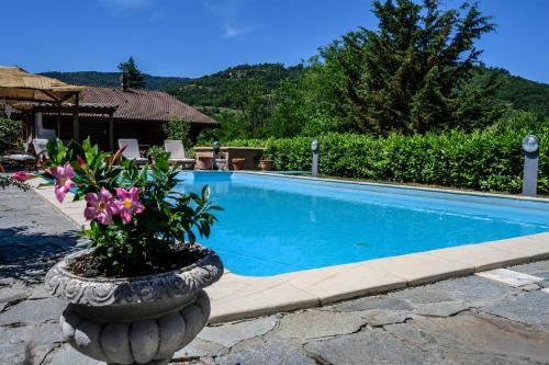 - une piscine avec un pot de fleurs à côté dans l'établissement Tenuta Pian D'Attesio - Agriturismo, à Castelletto Soprano