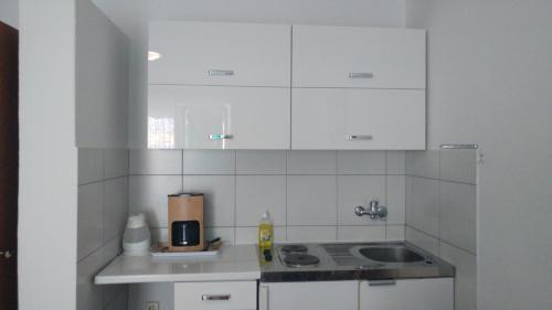 a small kitchen with white cabinets and a sink at Villa Franko in Prizna