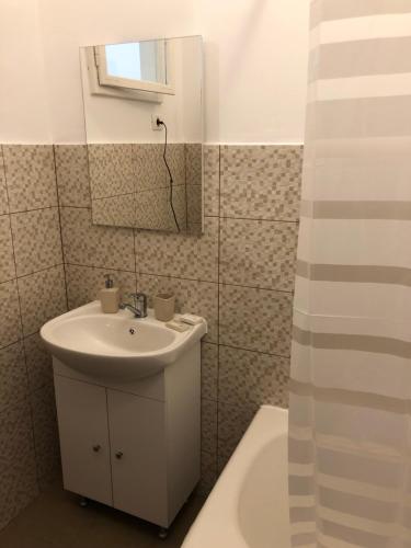 bagno con lavandino e specchio di Poppys Apartment a Arad