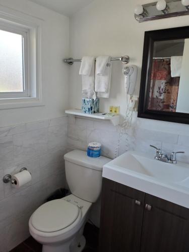a white bathroom with a toilet and a sink at Sonoma Lodge in Bend