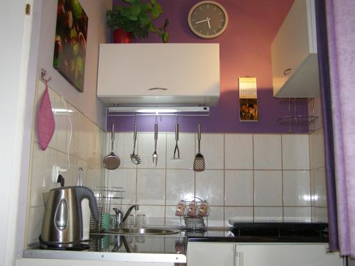 uma cozinha com um lavatório e um relógio na parede em Apartament Dobra nocka em Krynica-Zdrój