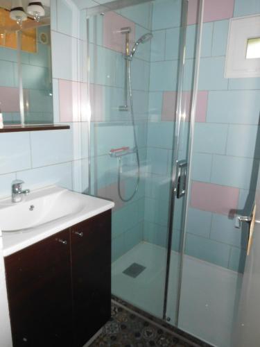 une salle de bain avec une douche en verre et un lavabo dans l'établissement Chalet Le Vintage, à La Bresse