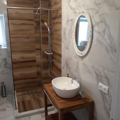 a bathroom with a sink and a mirror at Plitvice Valley Apartments in Ličko Petrovo Selo