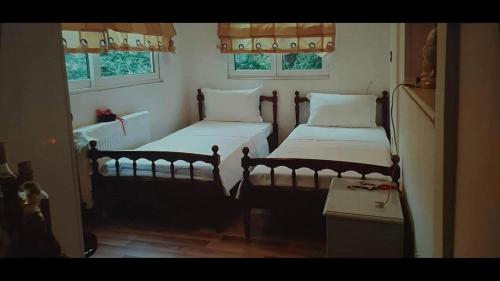 2 Betten in einem kleinen Zimmer mit 2 Fenstern in der Unterkunft Sava’s apartment in Varkiza