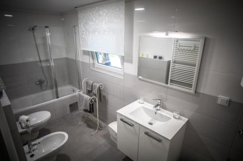a bathroom with a sink and a toilet and a mirror at Apartman Magnolia in Ivanić-Grad
