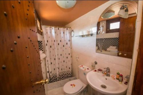 e bagno con lavandino, servizi igienici e doccia. di PALAIS LARAICHI Riad la porte bleue suites a Fes