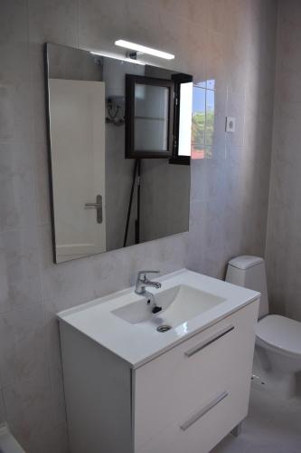 a bathroom with a sink and a mirror and a toilet at Casa Verol, F2 in Caleta De Fuste