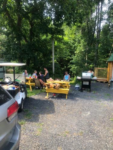 a group of people sitting at tables in a park at Chateau Tina in the Catskill Mountains in East Durham