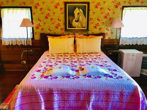 a bedroom with a bed with a colorful blanket at Pousada Recanto da Siriema in Monte Alegre do Sul