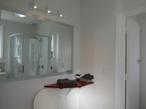 皮克頓的住宿－桑尼維爾海濱汽車旅館，一间带大镜子和盥洗盆的浴室