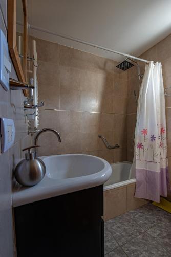 a bathroom with a sink and a bath tub at Apart Guillaumet in El Chalten
