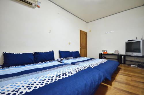 a bedroom with a large bed and a tv at Yiwa Homestay in Taitung City