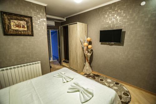 a bedroom with a bed and a tv on a wall at Hotel S.R in Tbilisi City