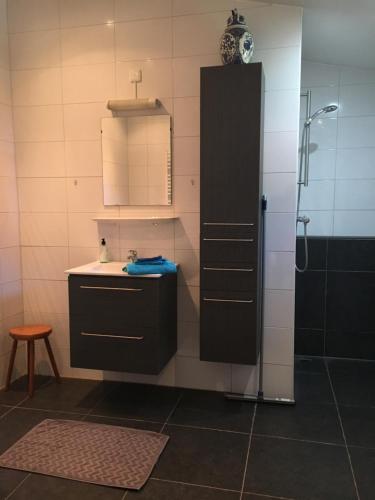 a bathroom with a black cabinet and a sink at Boeren Burgers Buitenlui in Molenschot