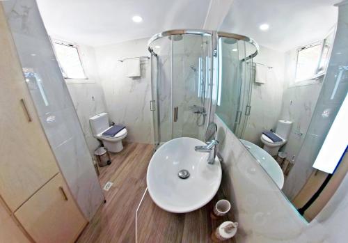a bathroom with a sink and a shower and a toilet at veraghi apartment 1 in Lefkada