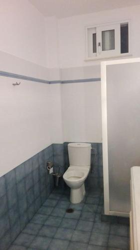 a bathroom with a white toilet in a room at Wanderer's Lodge in Sparti