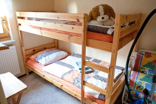 Letto a castello con un orsacchiotto seduto sopra di Ferienwohnung Kretzschmar a Kirnitzschtal