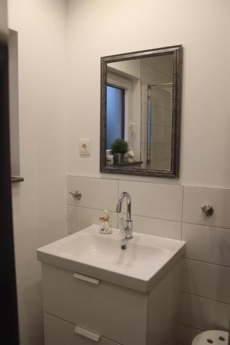 a white bathroom with a sink and a mirror at Eifel Apartments in Esch