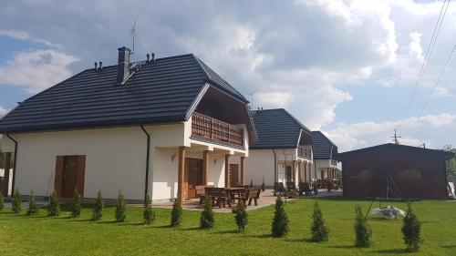 une maison avec un toit noir et une cour verdoyante dans l'établissement Apartamenty Białowieża, à Białowieża