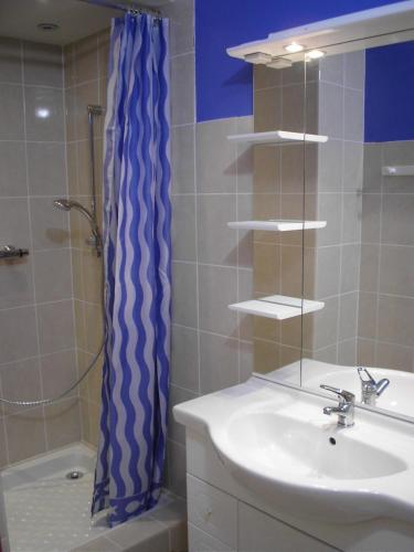 La salle de bains est pourvue d'un lavabo et d'un rideau de douche bleu. dans l'établissement Appartement Côté Terrasse, à Vals-les-Bains