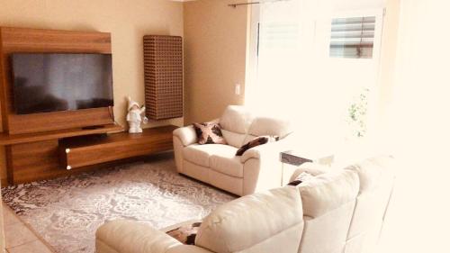 sala de estar con 2 sofás y TV de pantalla plana en Alpen Panorama view Luxury House with green Garden, en Buchs