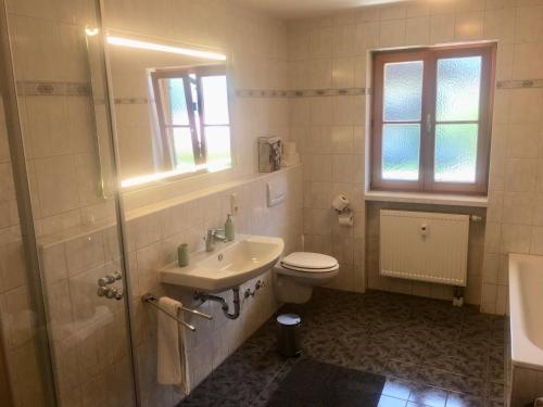 a bathroom with a sink and a toilet and a window at ALPENFREUND in Mittenwald