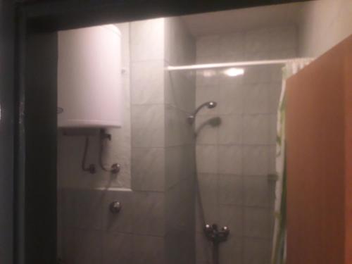 a bathroom with a shower with a sink and a mirror at Apartment JELENA in Senj