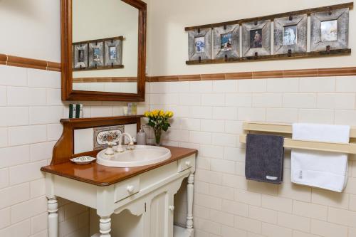 een badkamer met een wastafel en een spiegel bij Miriams Cottage in Tanunda