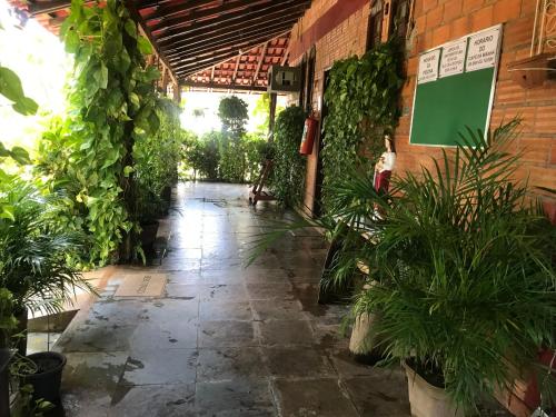 a hallway of a greenhouse with potted plants at Pousada Santa Bárbara in Maruda