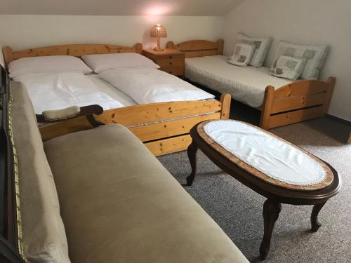 1 dormitorio con 2 camas, silla y sofá en Pension Iva, en Jeseník