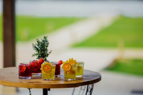 Pôrto JofreにあるSanta Rosa Pantanal Hotelのカクテル3杯とフルーツを盛り付けたテーブル