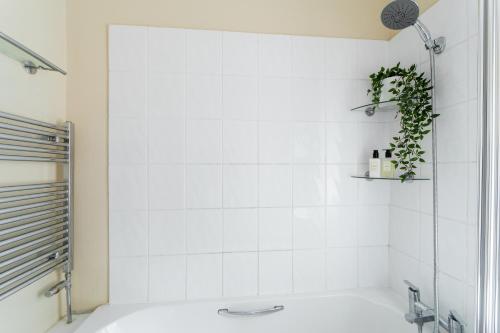baño de azulejos blancos con bañera y planta en Hallam Lodge, en Nelson