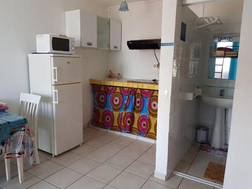 eine Küche mit einem weißen Kühlschrank und einer Mikrowelle in der Unterkunft Studio Pitaya in Les Trois-Îlets