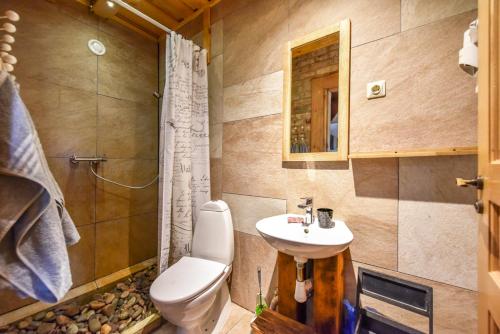 ein Bad mit einem WC, einem Waschbecken und einer Dusche in der Unterkunft Jurgi in Pape