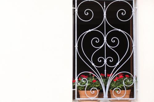 a metal gate with flowers in pots on it at Agriturismo Pozzuolo in Serrungarina