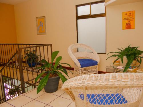 a living room with plants and a wicker chair at Hotel Bamboo Aeropuerto in Alajuela City