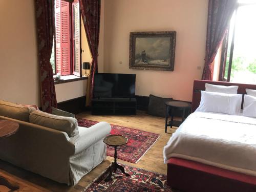 a bedroom with a bed and a couch and a tv at Château de la Grange Fort in Issoire