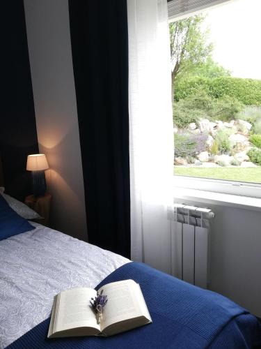 a bedroom with a bed with a book and a window at MAPLE place in Pivka