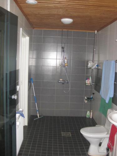 a bathroom with a shower and a toilet at Kotimajoitus Hella Härmä in Kauhava