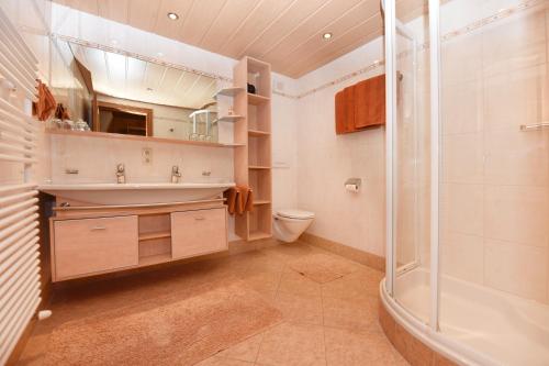 y baño con ducha, lavabo y aseo. en Landhaus Juritsch, en Klösterle am Arlberg