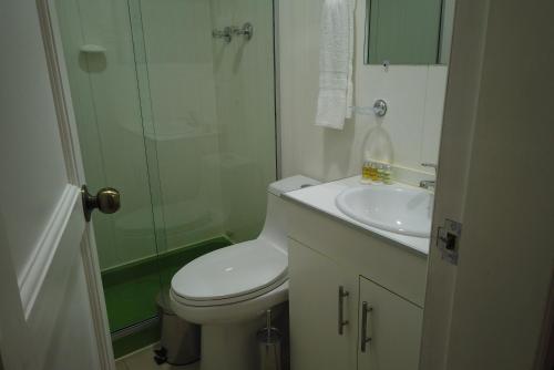 a bathroom with a toilet and a shower and a sink at Almudena Suites Uyuni in Uyuni
