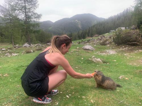 a woman is petting a small animal in a field at Haus Sonnleitner in Ramsau am Dachstein