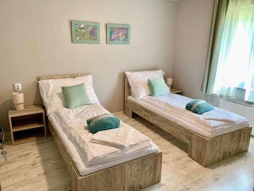 two twin beds in a room with a window at Kalabash Apartments in Sovata
